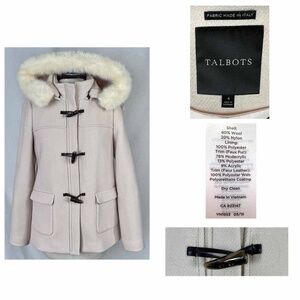 TALBOTS Size 4 Ivory Wool Blend Faux Fur Trim Detachable Hood Toggle Coat Jacket